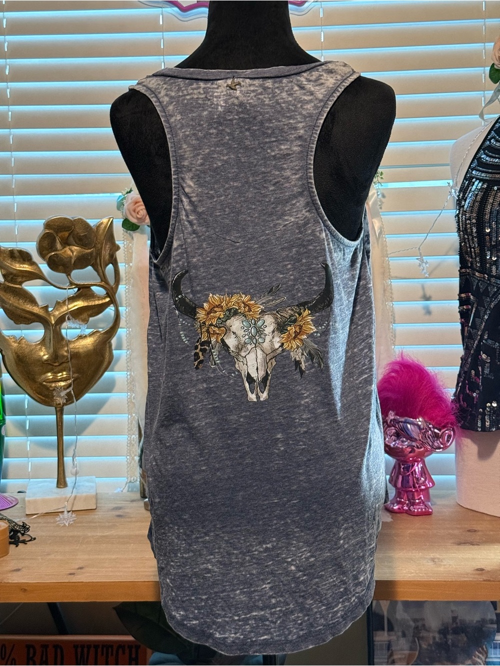 Upcycled Floral Bull Skull Womens Tank Top - Gray